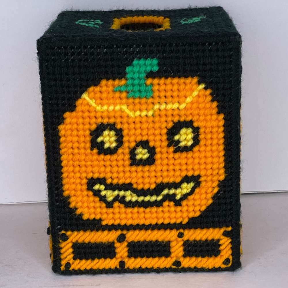Pumpkin Jack O Lantern Halloween Plastic Canvas Tissue Box Holder